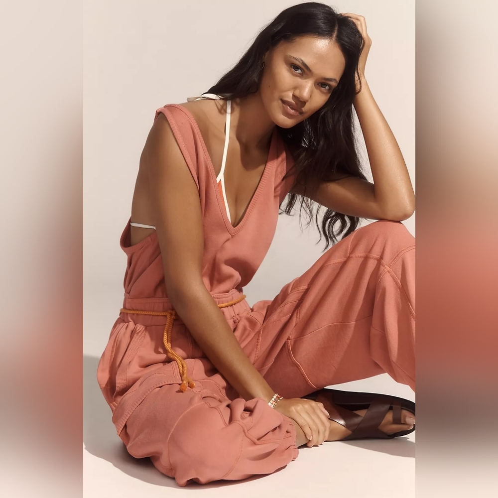 Anthropologie Daily Practice Cloud Rest Sleeveless V-Neck Jumpsuit Coral